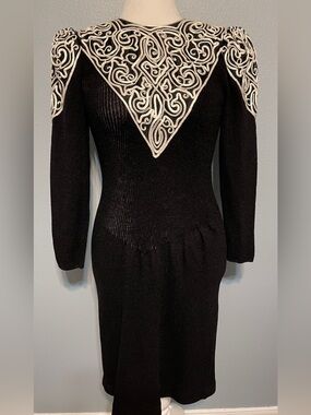 Vintage Pat Sandler Black Knit Sweater Dress Soutache Embroidered 80s Midi Sz 8